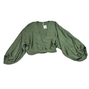 Free People Faux Wrap Top XS Green Midnight Vibes Satin Balloon Long Sleeve
